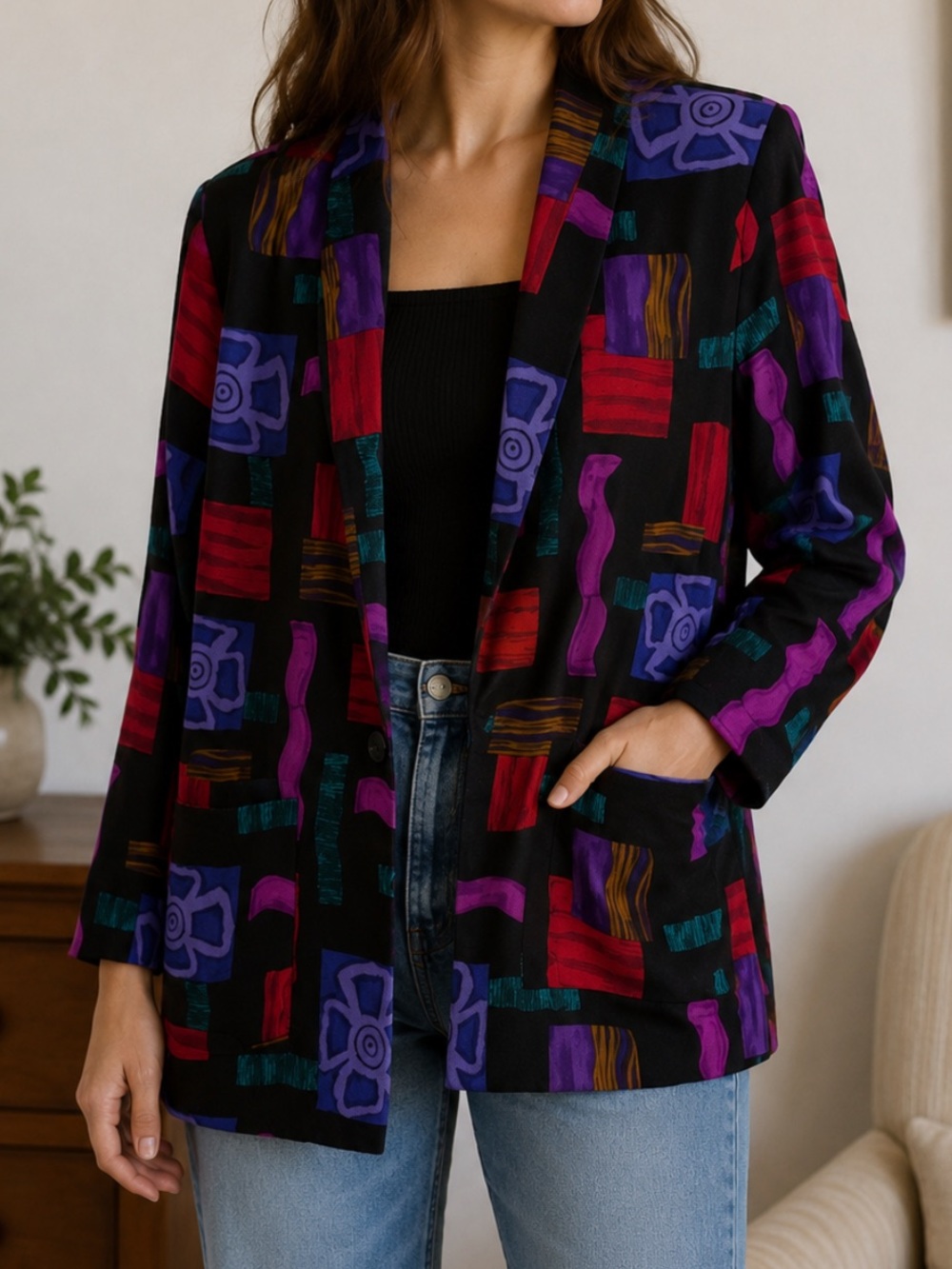 VINTAGE 90’s Kensington Square Abstract Patchwork Boyfriend Blazer Small